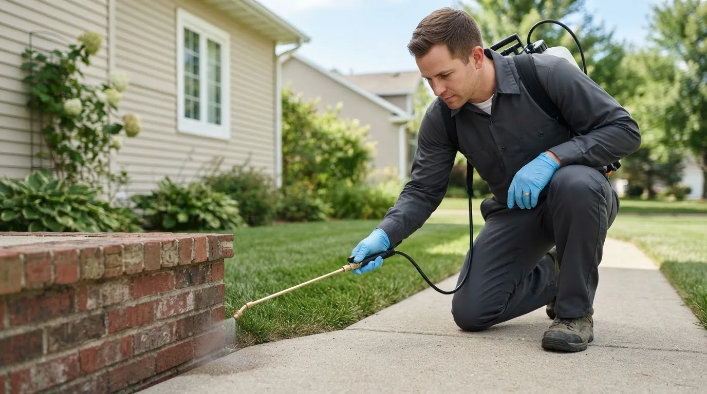 Pest control technician treating a home near North Hudson, NY