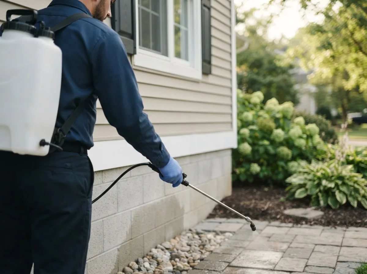 Pest control technician inspecting a home in North Hudson, NY